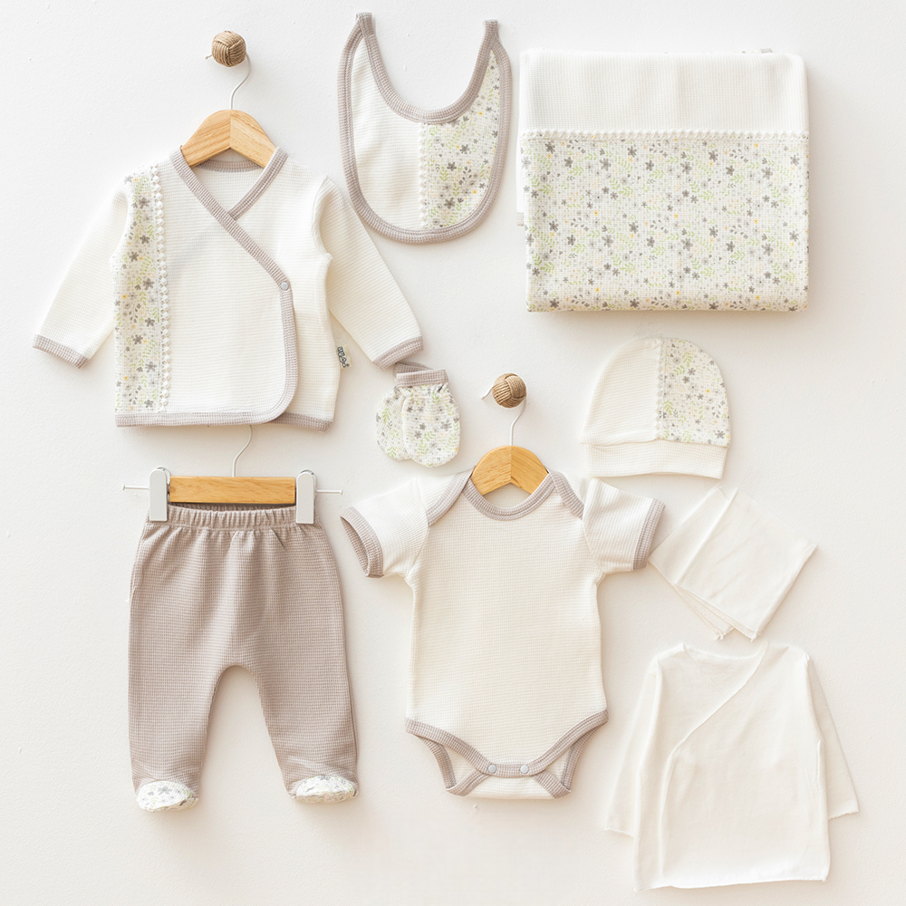 Flower Themed Waffle Hospital Outfit 10-Piece Set Newborn Baby Grey (0-3 Months) - S001.2106.5
