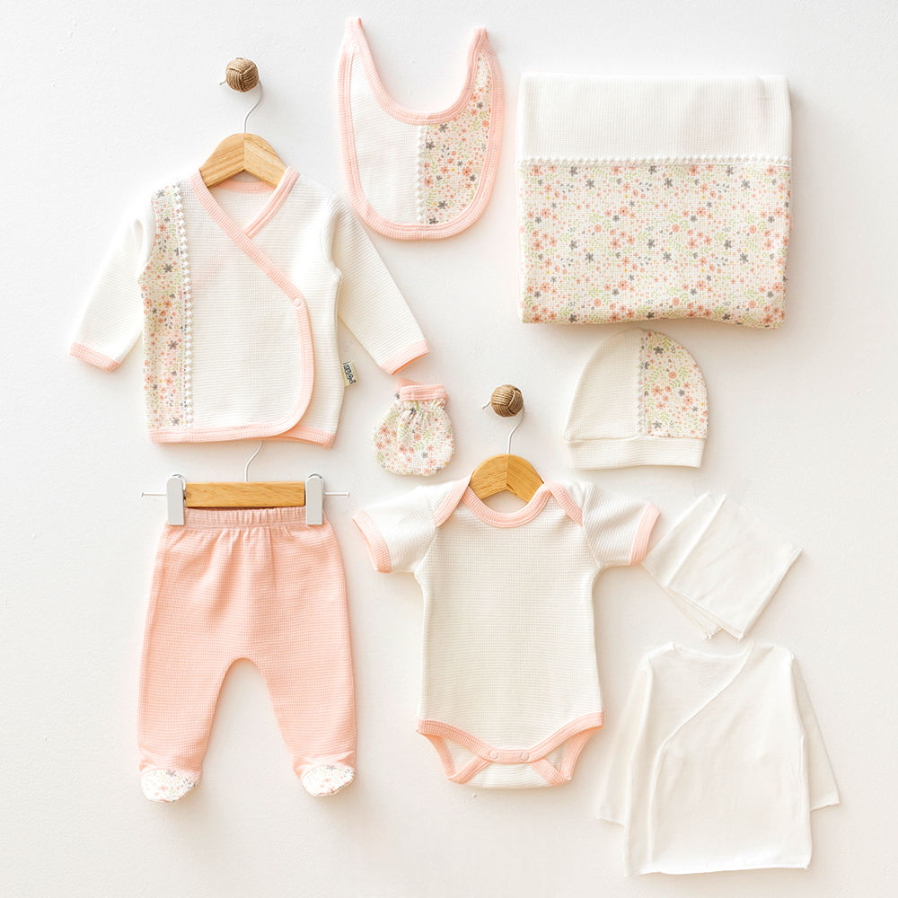 Flower Themed Waffle Hospital Outfit 10-Piece Set Newborn Baby Salmon (0-3 Months) - S001.2106.8