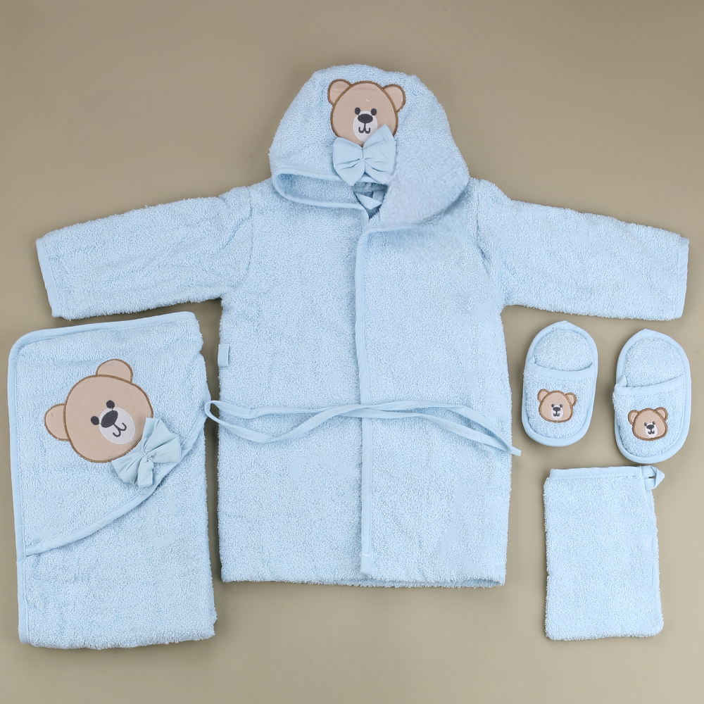 Teddy Themed Baby Bathrobe Set Blue (0-24 Months) - SP001.134.1