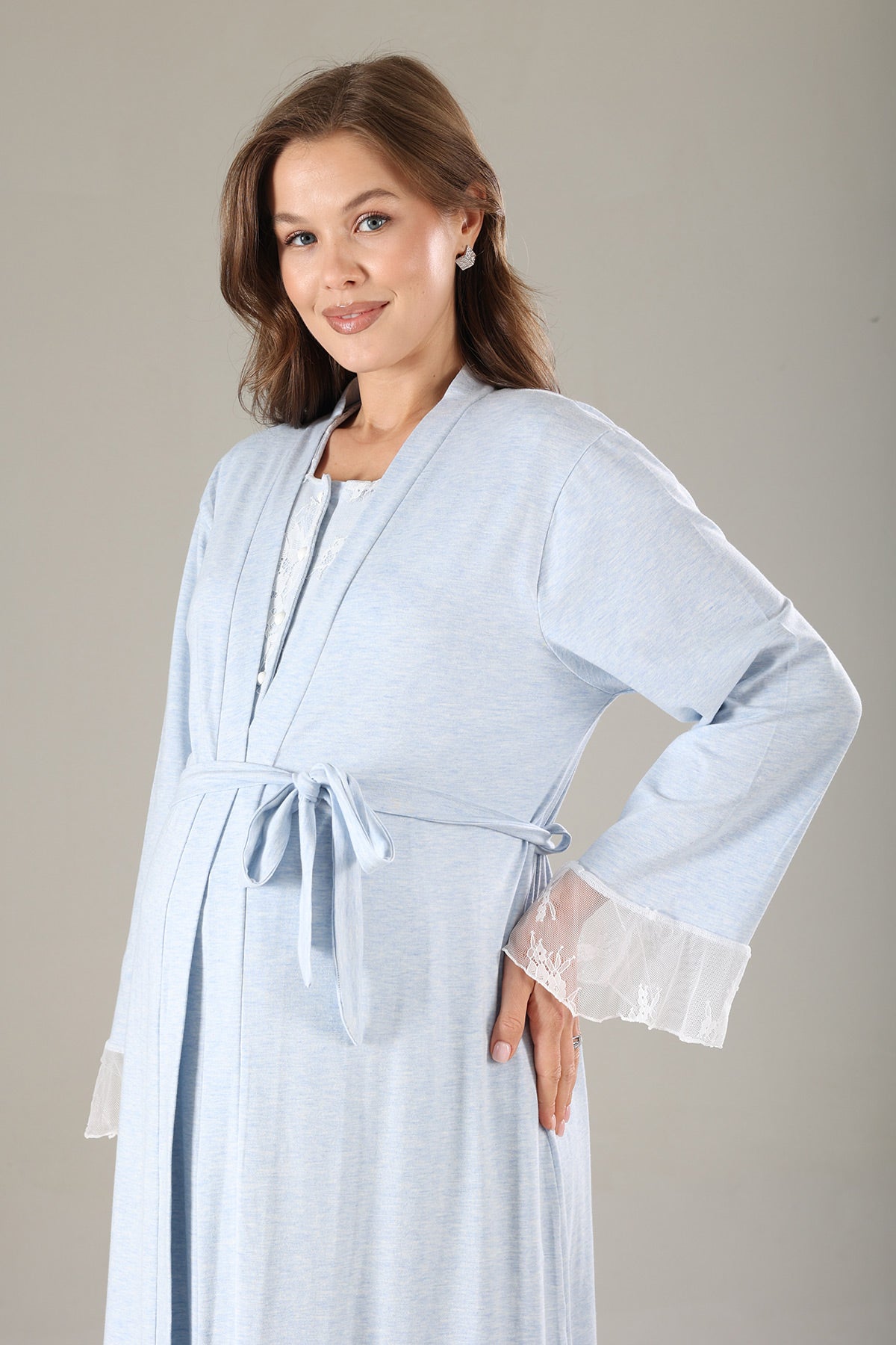 Lace Collar Maternity-Nursing Nightgown & Lace Sleeve Robe Set Blue - 806