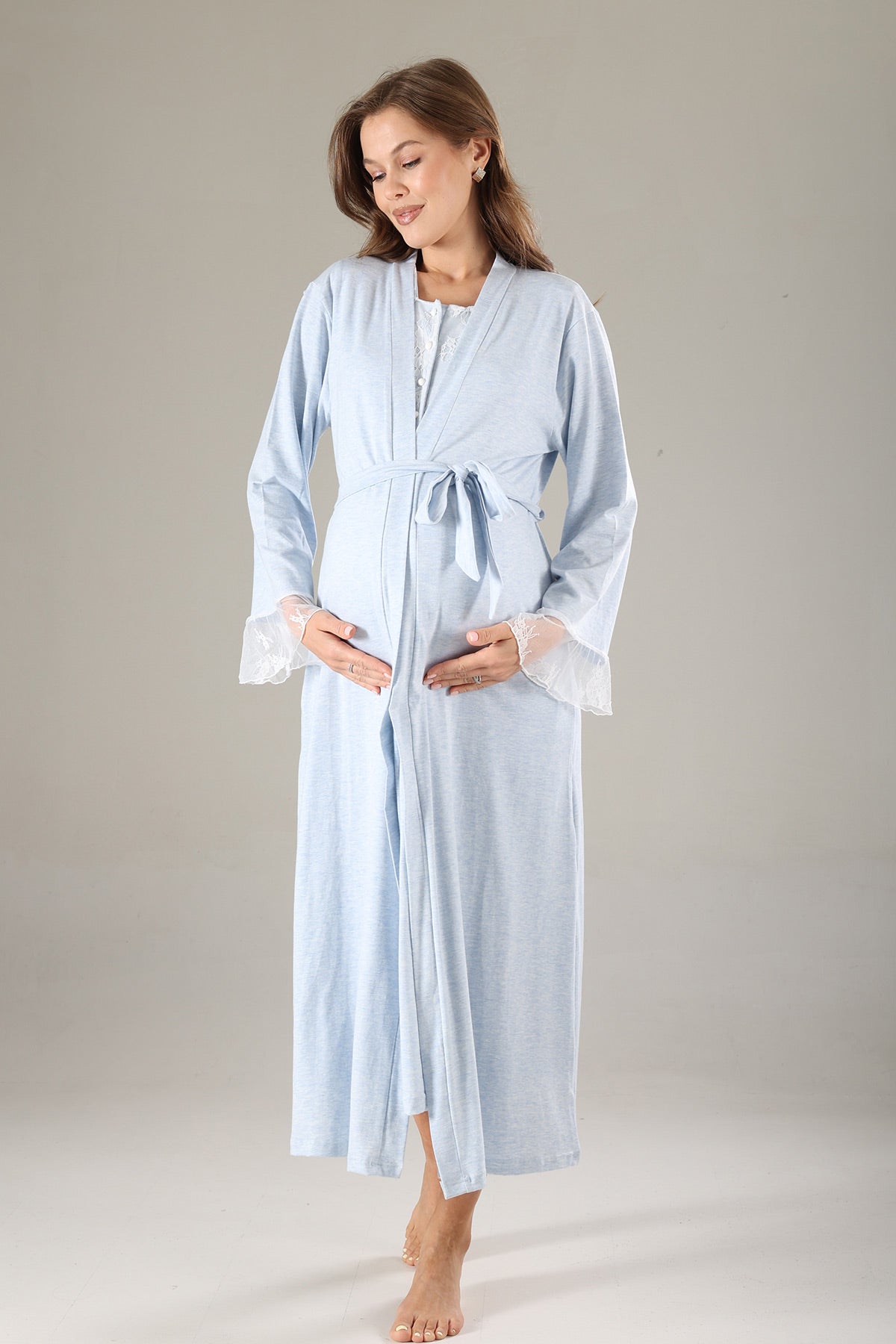 Lace Collar Maternity-Nursing Nightgown & Lace Sleeve Robe Set Blue - 806