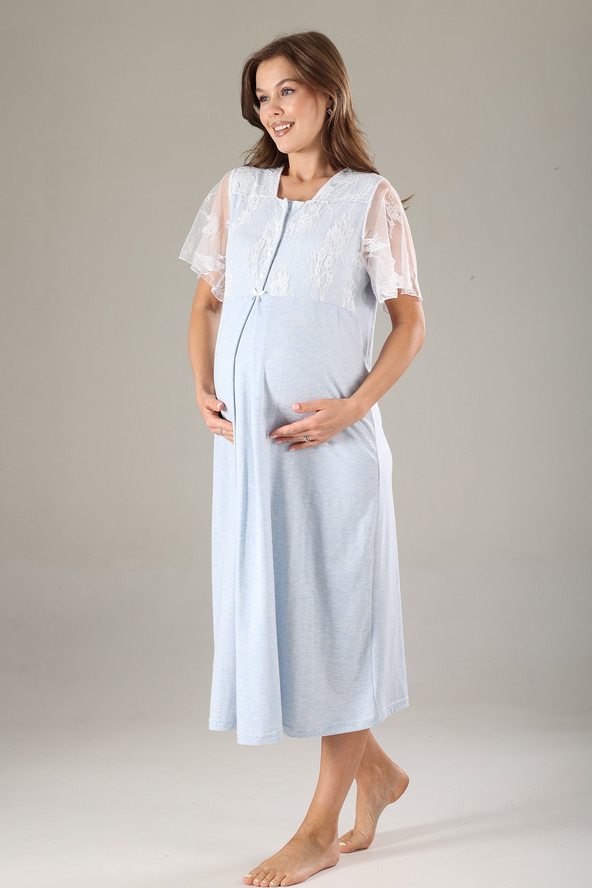 Lace Collar Maternity-Nursing Nightgown & Lace Sleeve Robe Set Blue - 806
