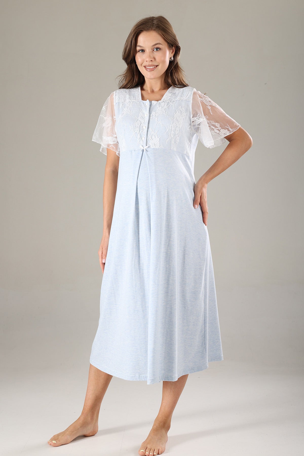 Lace Collar Maternity-Nursing Nightgown & Lace Sleeve Robe Set Blue - 806