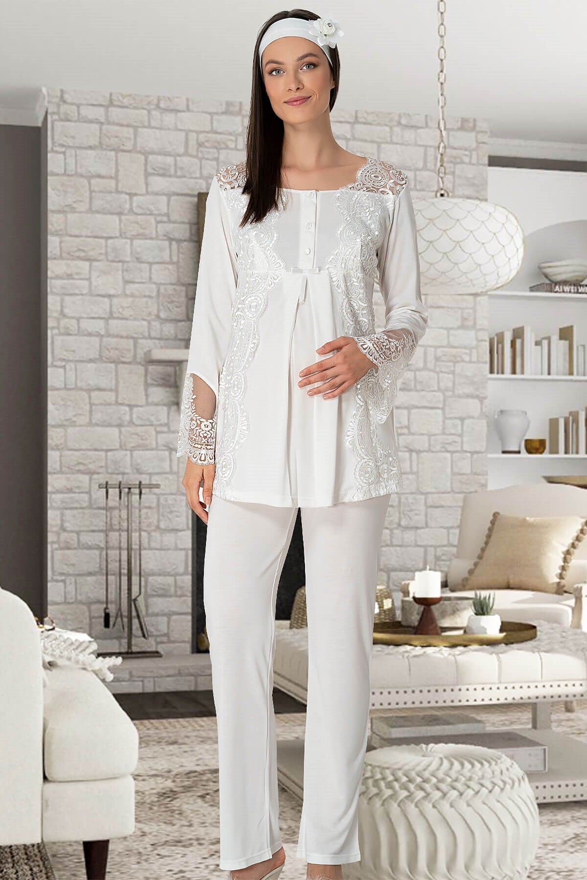 Lace Collar Maternity & Nursing Pajama Set Ecru - 5015