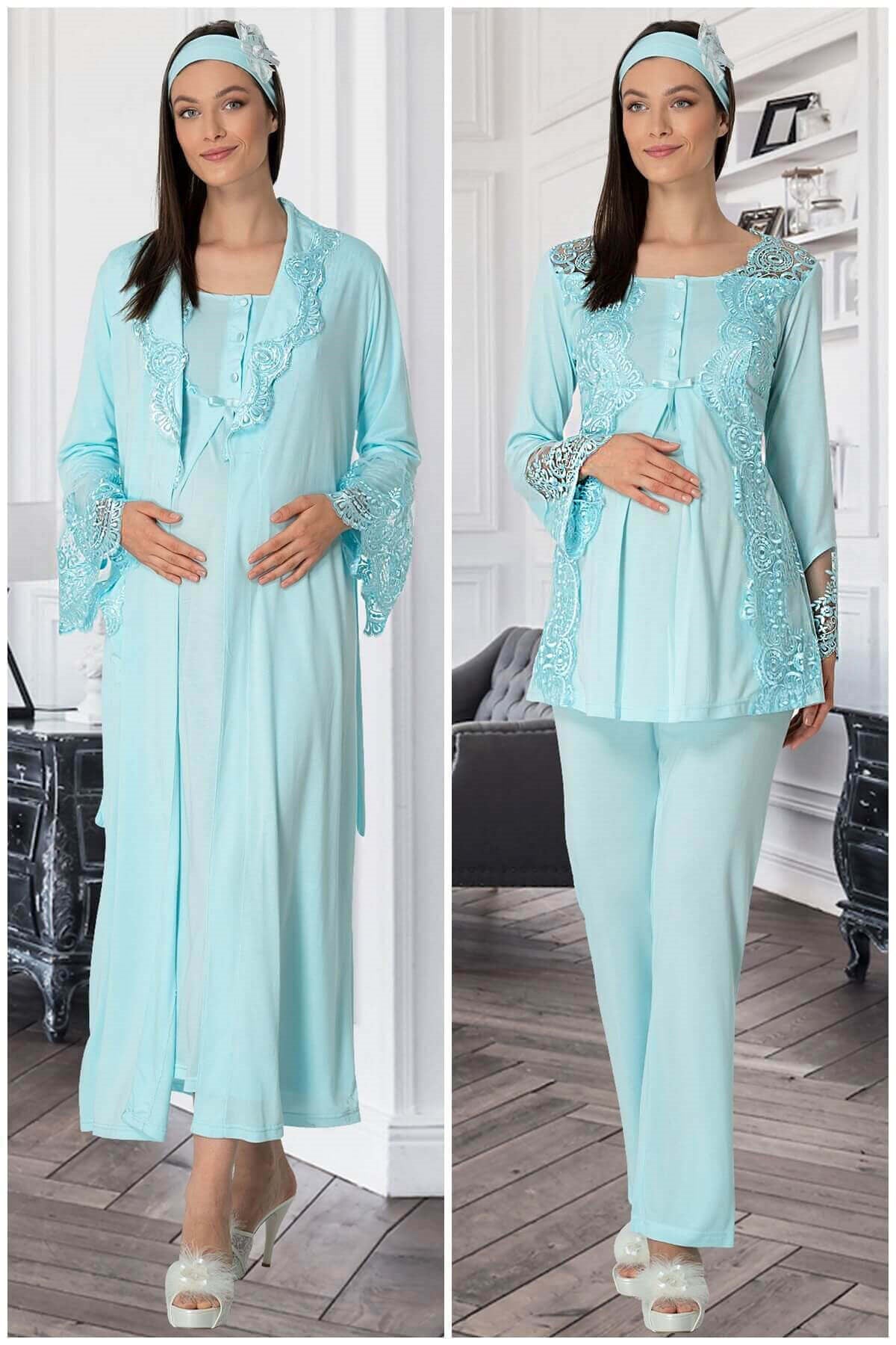 Lace Collar 4 Piece Maternity-Nursing Set Turquoise - 5355