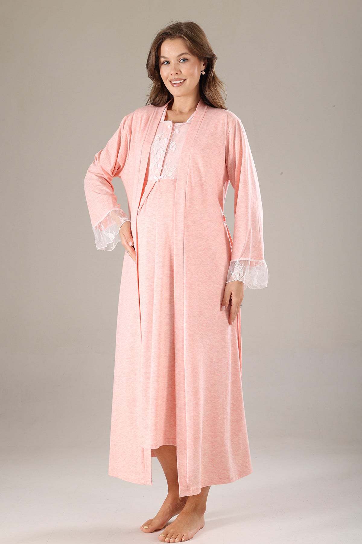 Lace Collar Maternity-Nursing Nightgown & Lace Sleeve Robe Set Pink - 803