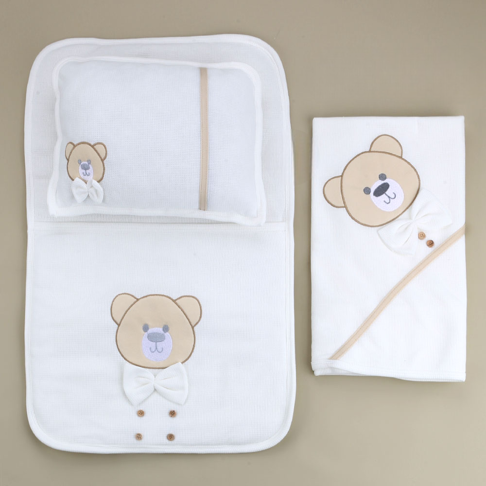 Bow Tie Teddy Bear Baby Blanket & Diaper Changing Cushion Ecru - S001.8809.10