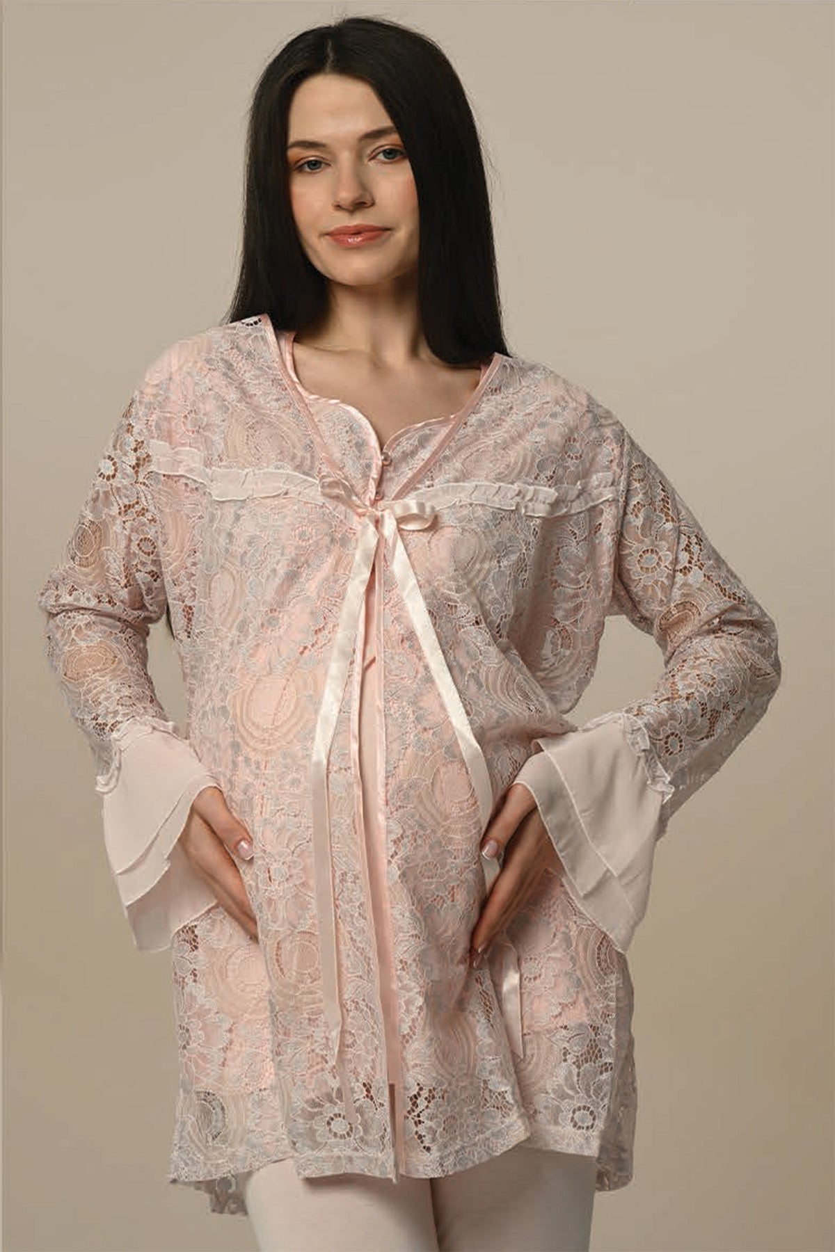 Tulle Sleeve 3-Piece Maternity-Nursing Pajama & Lace Robe Set - 23341