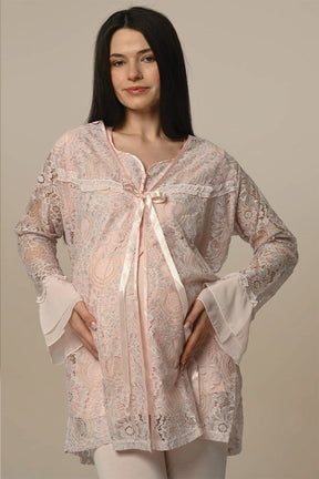 Tulle Sleeve 3-Piece Maternity-Nursing Pajama & Lace Robe Set - 23341