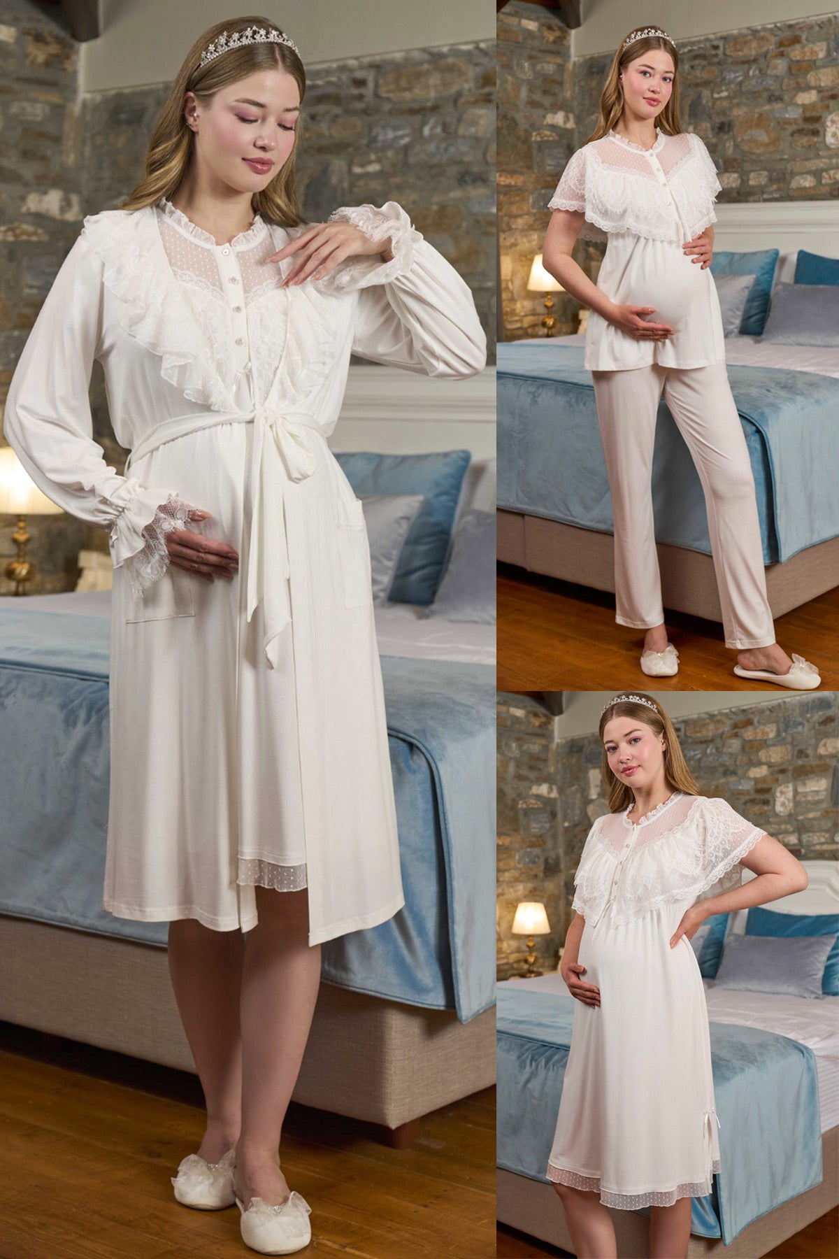 Lace Embroidered 4-Piece Maternity-Nursing Set Ecru - 030201