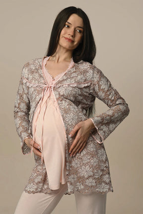Flowery Lace 3-Piece Maternity-Nursing Pajama & Robe Set Powder - 24311