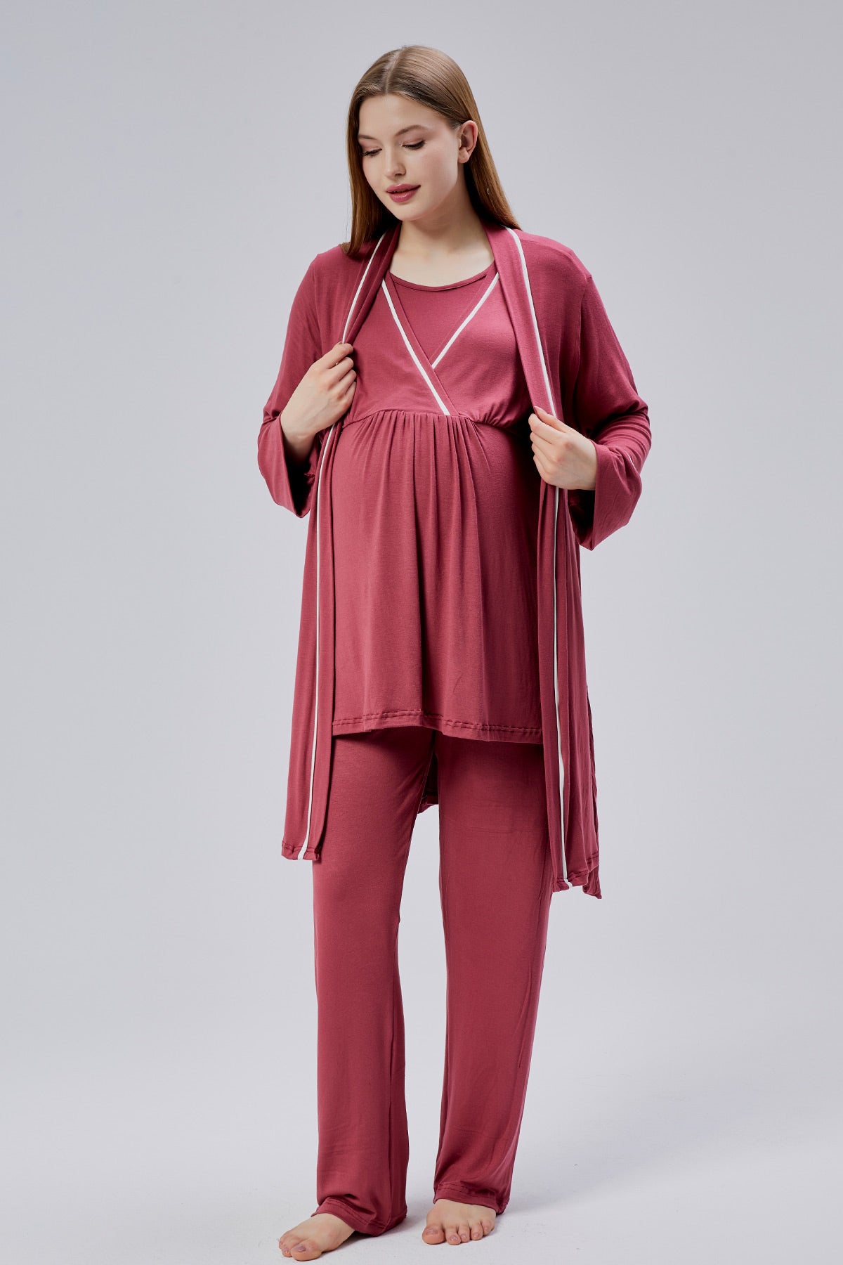 Striped Double Breasted 3-Piece Maternity-Nursing Pajama & Robe Set Pomegranate Red - 0810