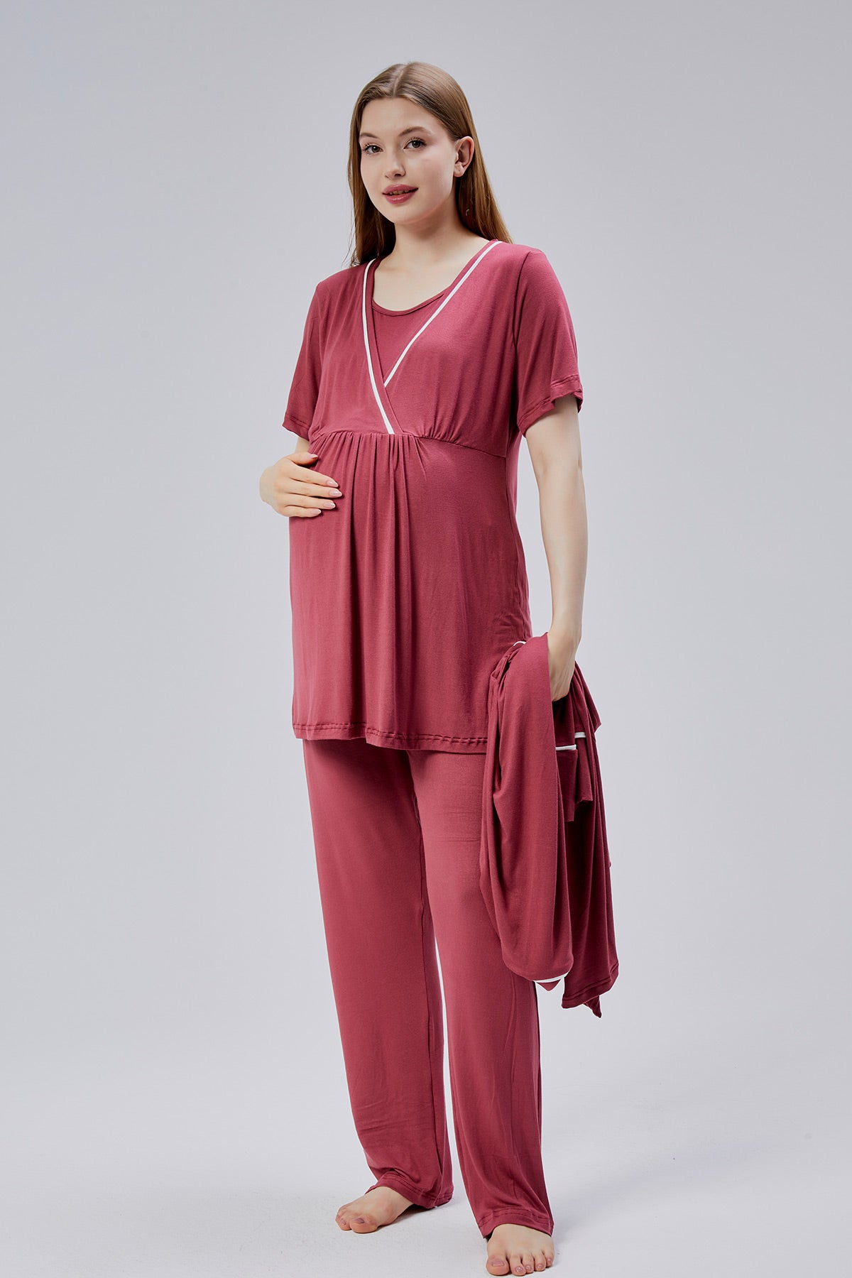 Striped Double Breasted 3-Piece Maternity-Nursing Pajama & Robe Set Pomegranate Red - 0810
