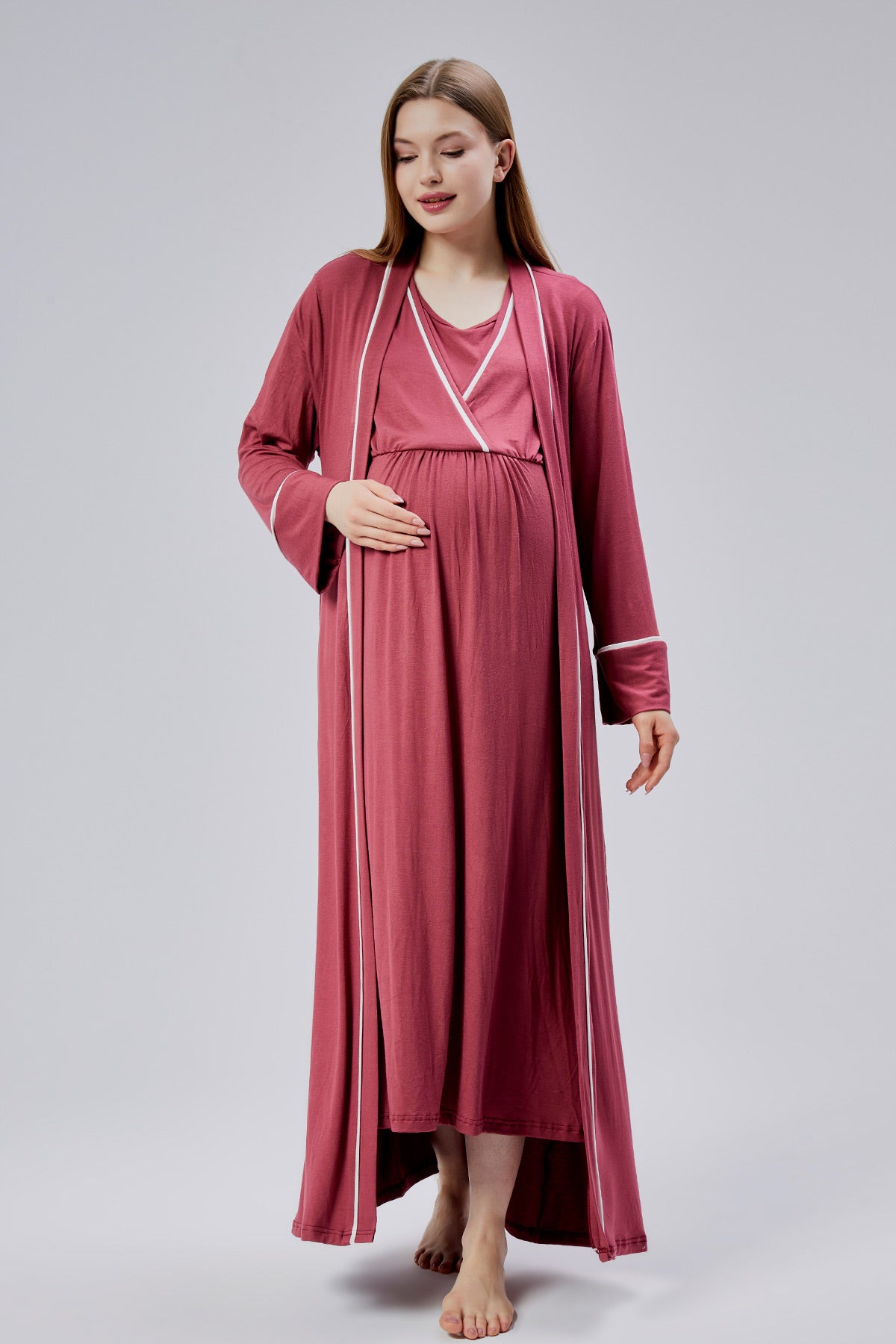 Striped Double Breasted Maternity-Nursing Nightgown & Robe Set Pomegranate Red - 0811