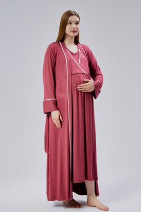 Striped Double Breasted Maternity-Nursing Nightgown & Robe Set Pomegranate Red - 0811
