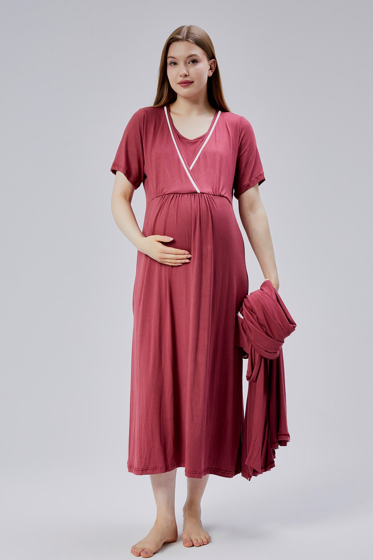 Striped Double Breasted Maternity-Nursing Nightgown & Robe Set Pomegranate Red - 0811