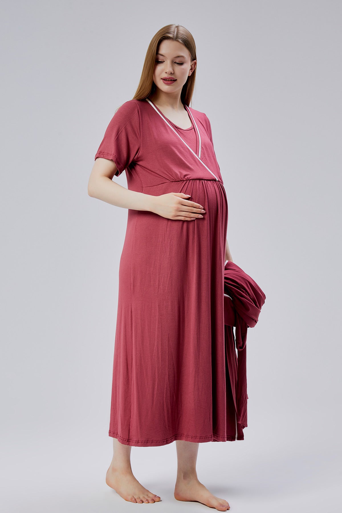 Striped Double Breasted Maternity-Nursing Nightgown & Robe Set Pomegranate Red - 0811