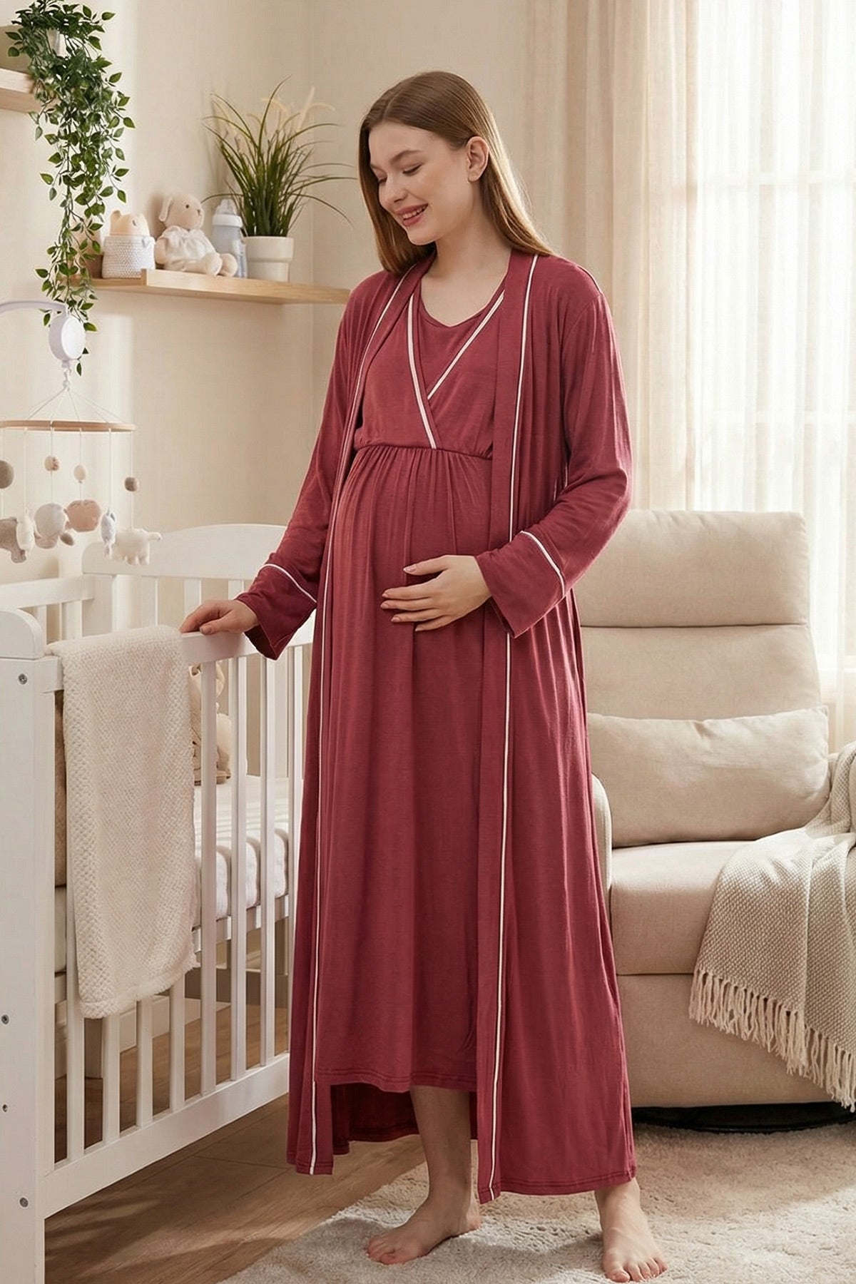 Striped Double Breasted Maternity-Nursing Nightgown & Robe Set Pomegranate Red - 0811