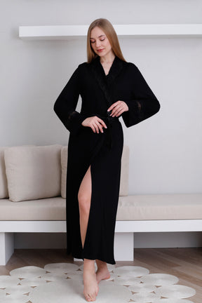 Lace Detailed Maternity Robe Black - 0820