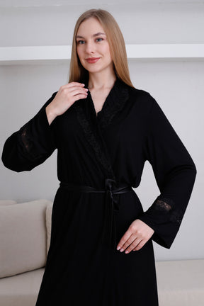 Lace Detailed Maternity Robe Black - 0820