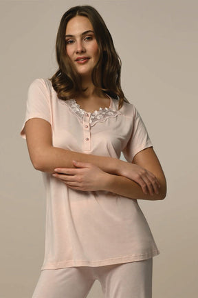 Lace Edge 3-Piece Maternity-Nursing Pajama & Robe Set Ecru - 24319