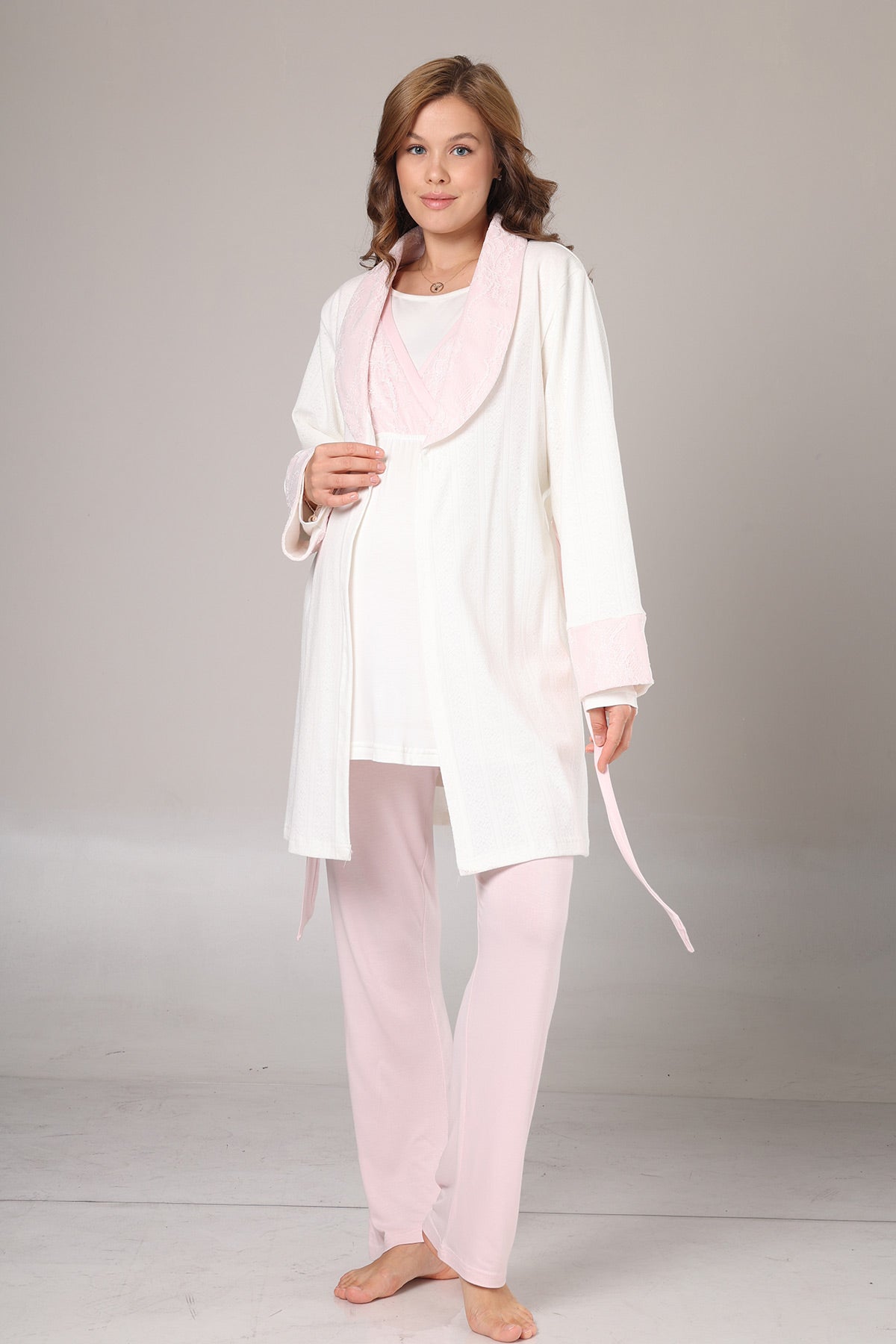 Pink Lacy 3-Piece Maternity-Nursing Pajama & Jacquard Robe Set Pink - 1000