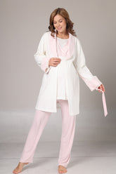 Pink Lacy 3-Piece Maternity-Nursing Pajama & Jacquard Robe Set Pink - 1000