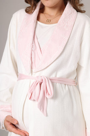 Pink Lacy 3-Piece Maternity-Nursing Pajama & Jacquard Robe Set Pink - 1000
