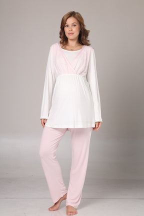 Pink Lacy 3-Piece Maternity-Nursing Pajama & Jacquard Robe Set Pink - 1000