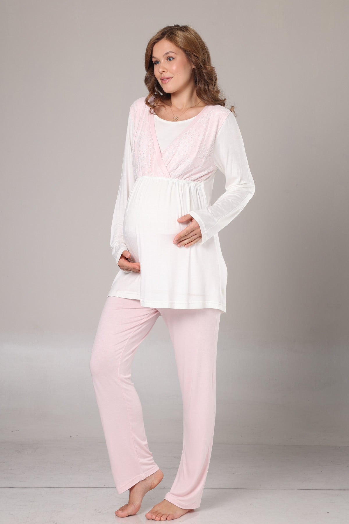 Pink Lacy 3-Piece Maternity-Nursing Pajama & Jacquard Robe Set Pink - 1000