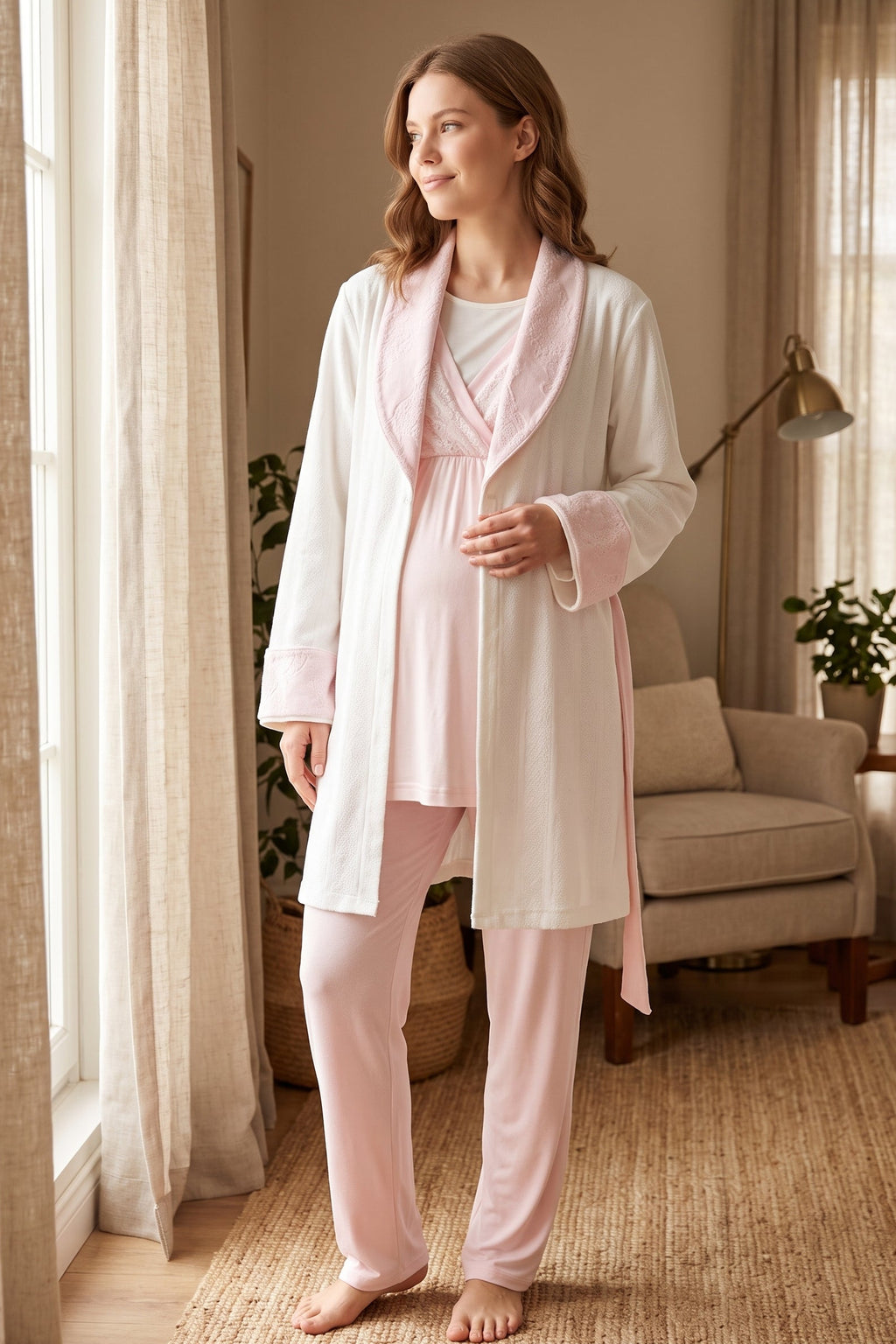 Pink Lacy 3-Piece Maternity Feeding-Friendly Pajama & Jacquard Robe Set Pink - L1000