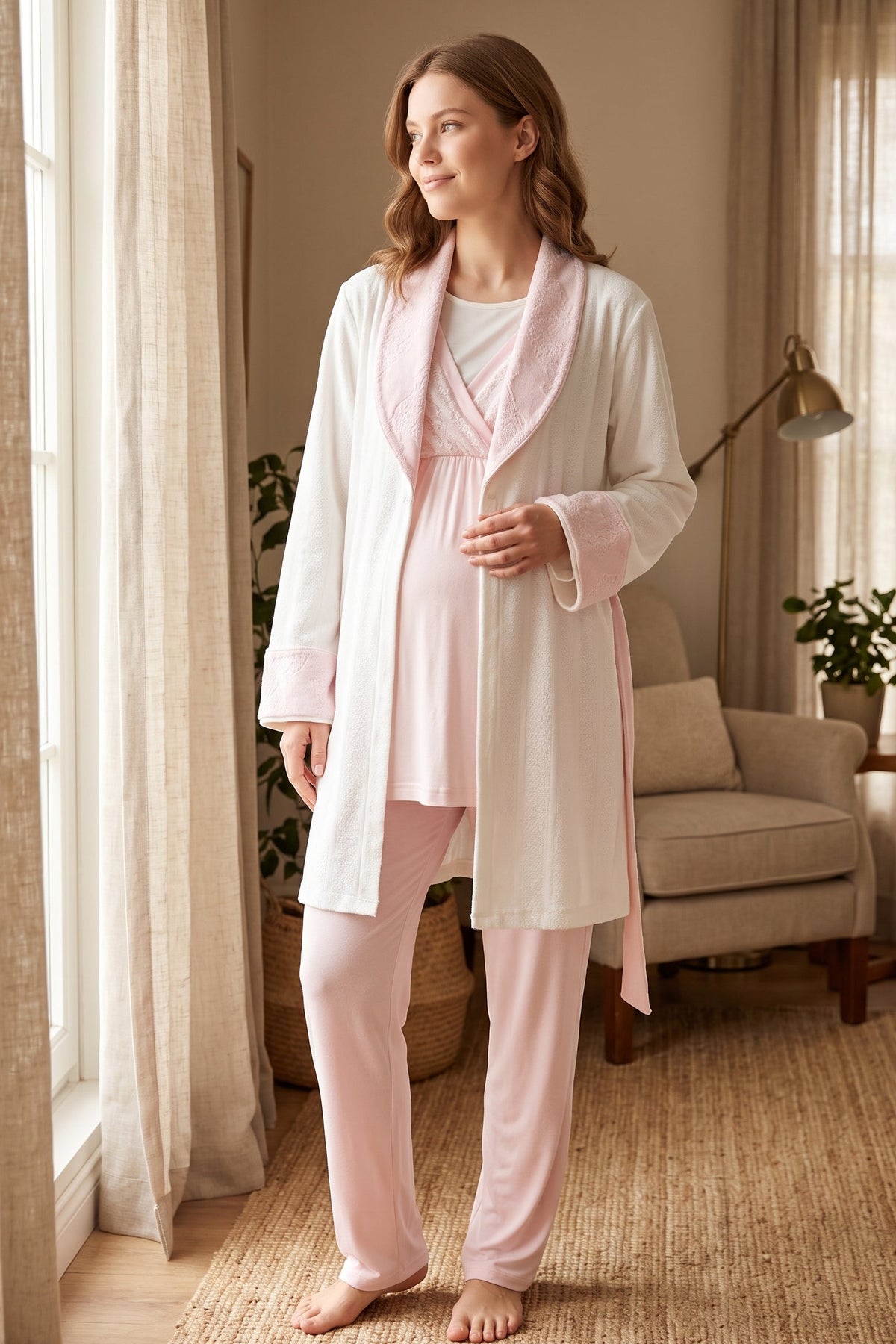 Pink Lacy 3-Piece Maternity Feeding-Friendly Pajama & Jacquard Robe Set Pink - L1000