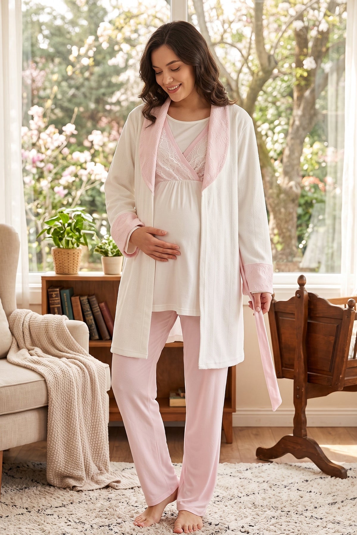 Pink Lacy 3-Piece Maternity Feeding-Friendly Pajama & Jacquard Robe Set Pink - L1000