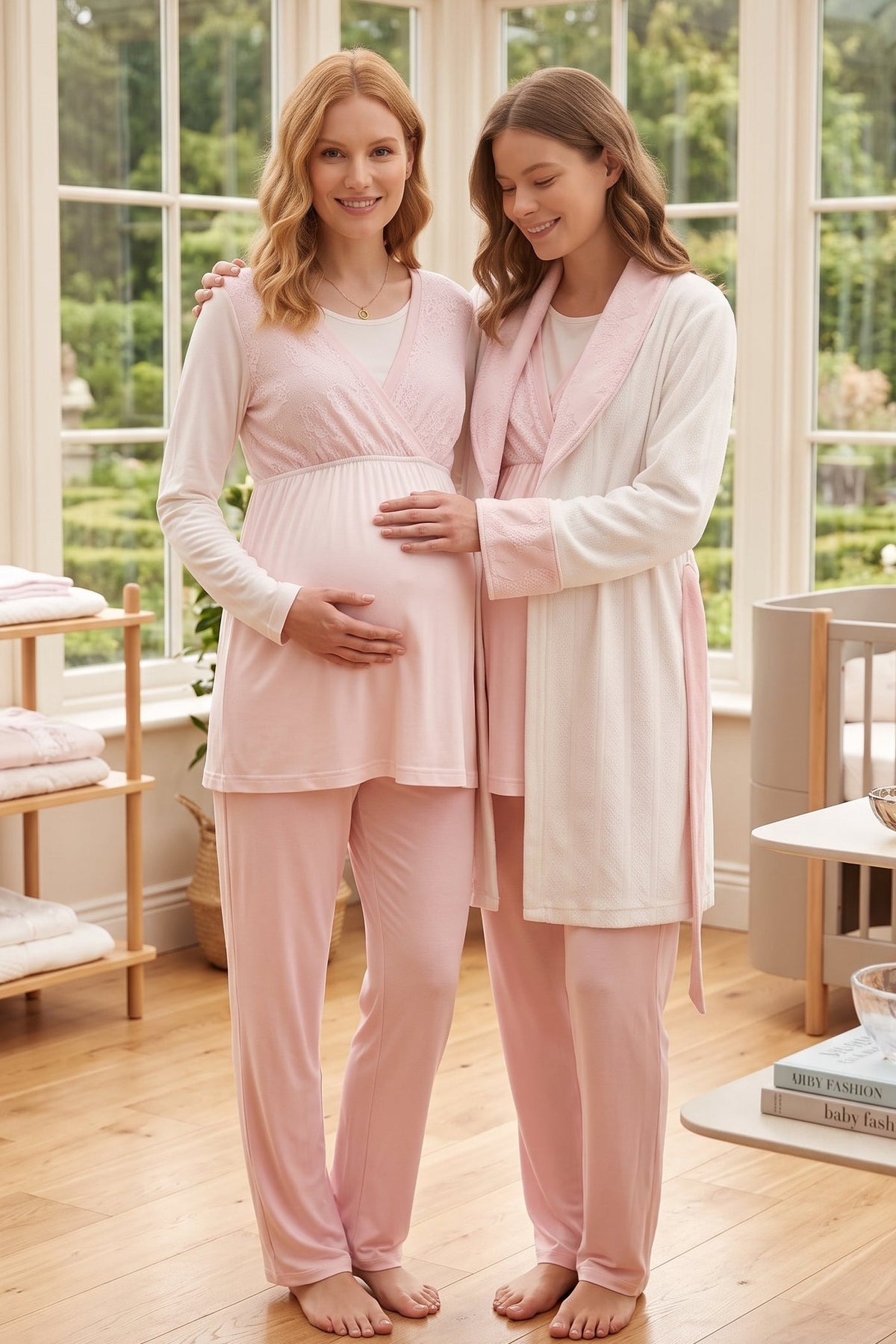 Pink Lacy 3-Piece Maternity Feeding-Friendly Pajama & Jacquard Robe Set Pink - L1000