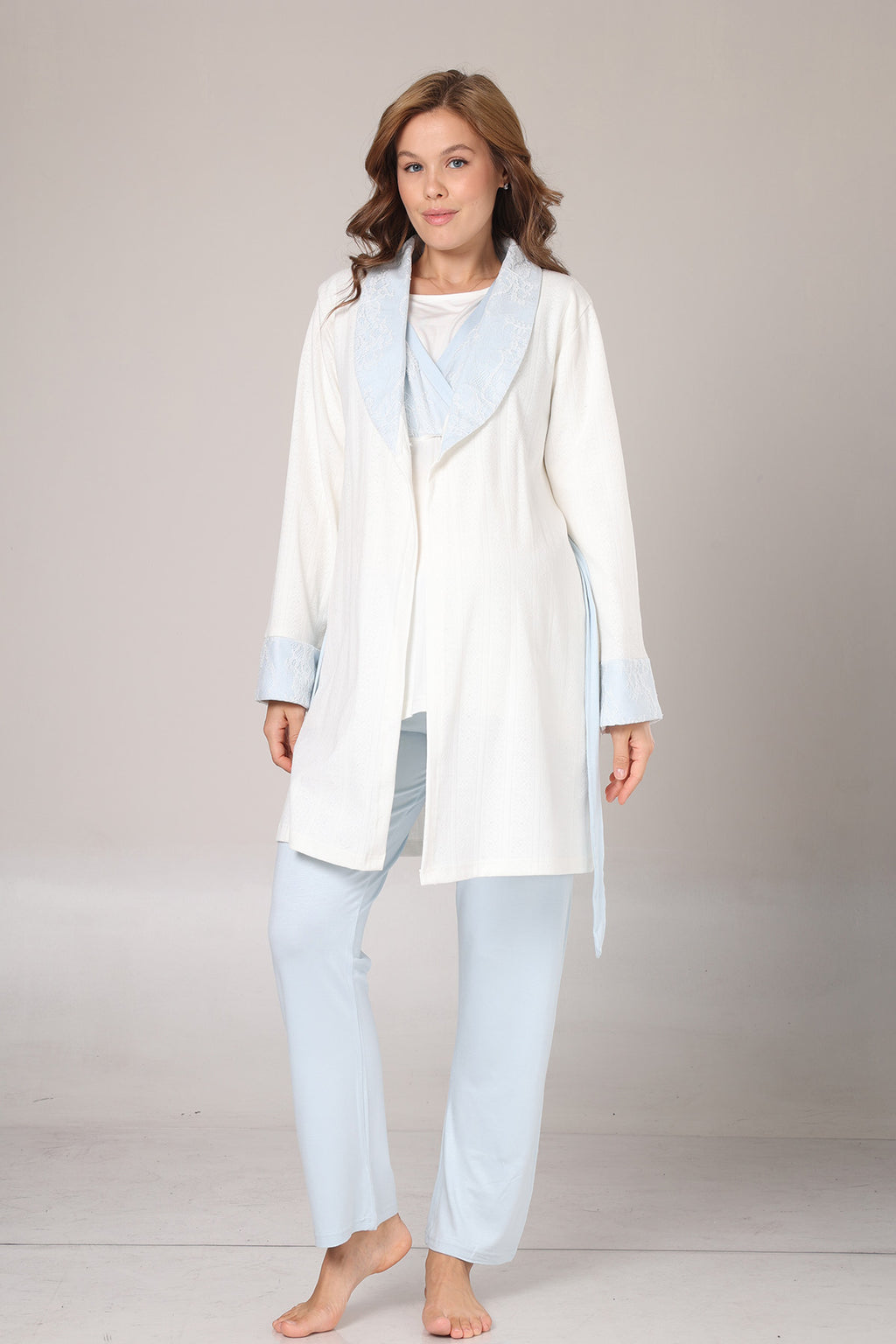 Blue Lacy 3-Piece Maternity-Nursing Pajama & Jacquard Robe Set Blue - 1001