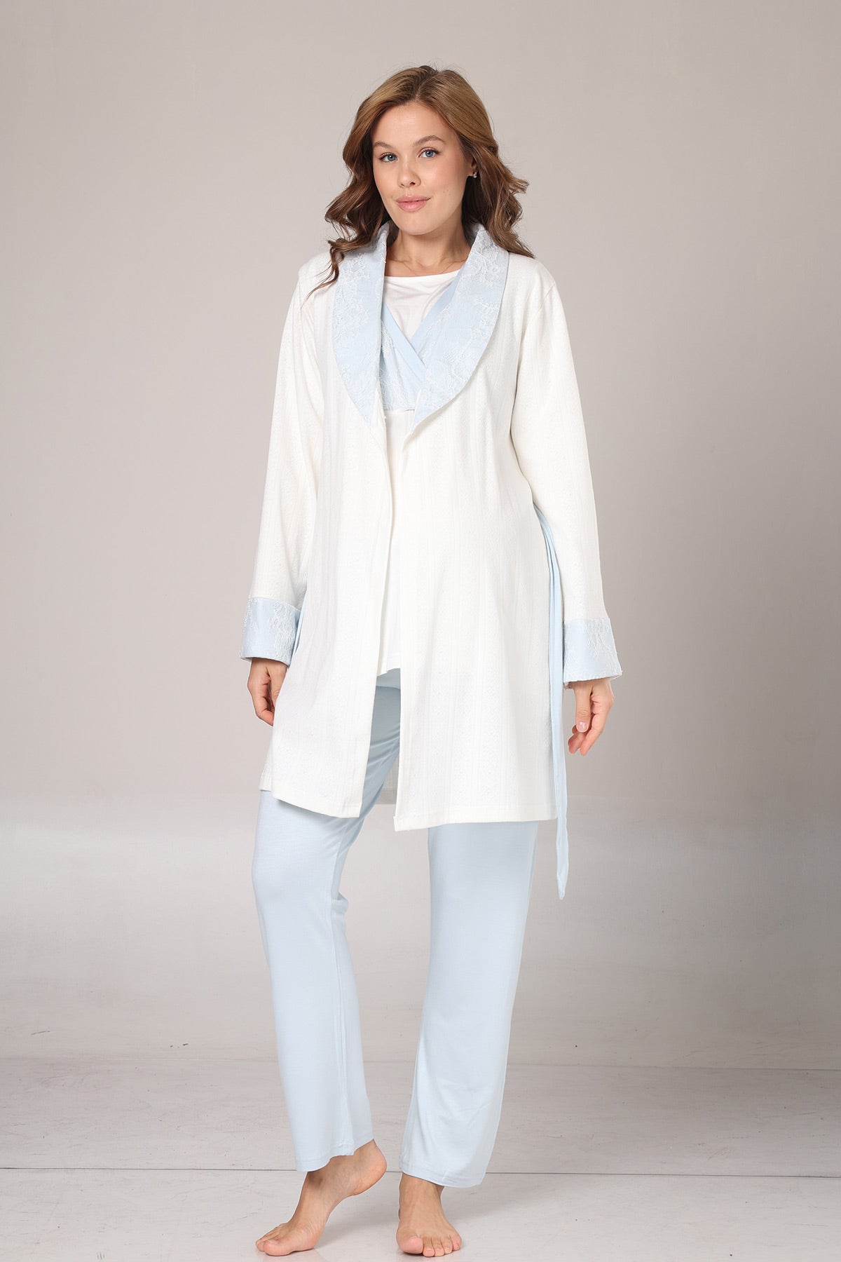Blue Lacy 3-Piece Maternity-Nursing Pajama & Jacquard Robe Set Blue - 1001