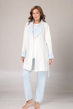 Blue Lacy 3-Piece Maternity-Nursing Pajama & Jacquard Robe Set Blue - 1001