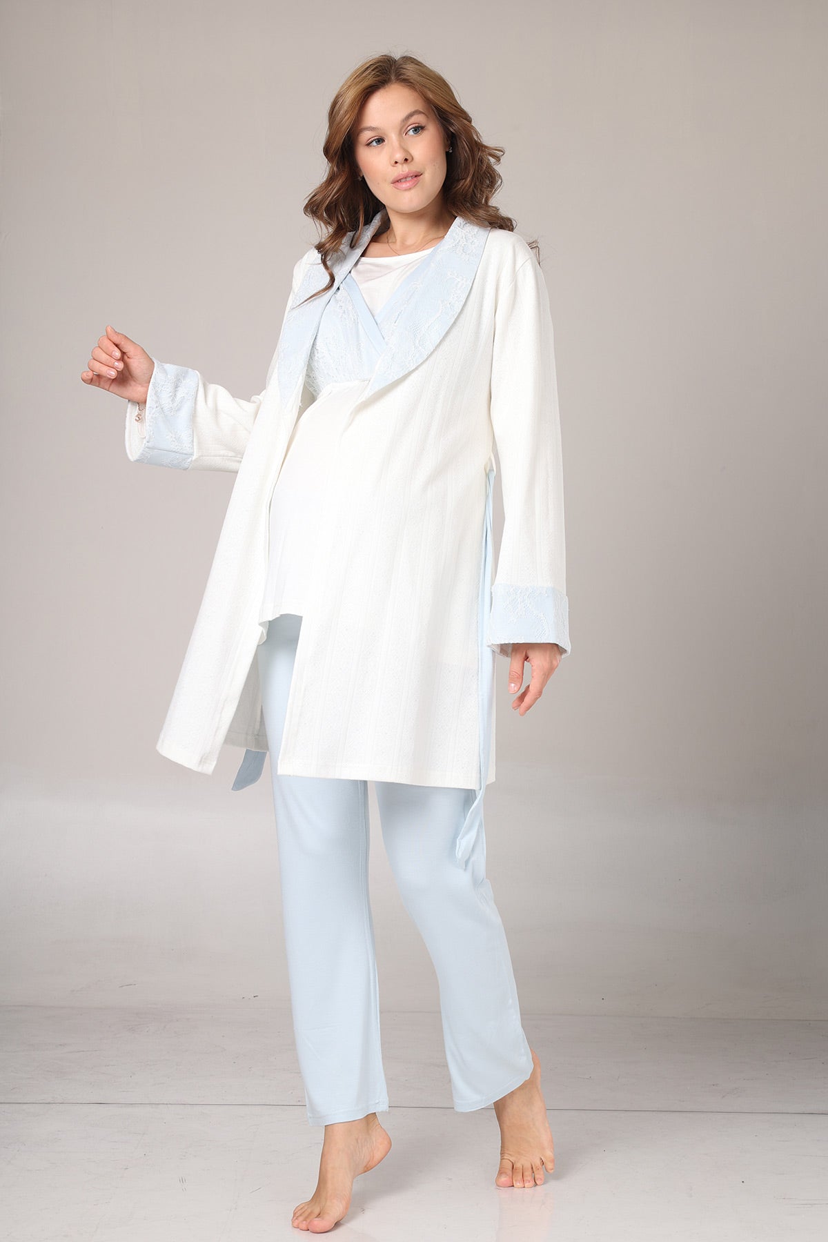 Blue Lacy 3-Piece Maternity-Nursing Pajama & Jacquard Robe Set Blue - 1001