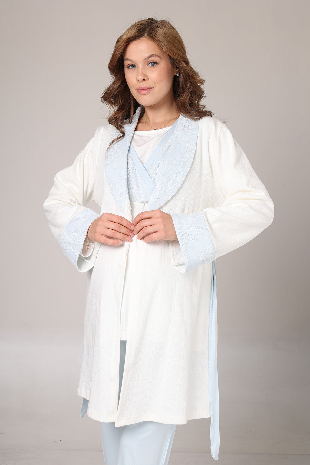 Blue Lacy 3-Piece Maternity-Nursing Pajama & Jacquard Robe Set Blue - 1001