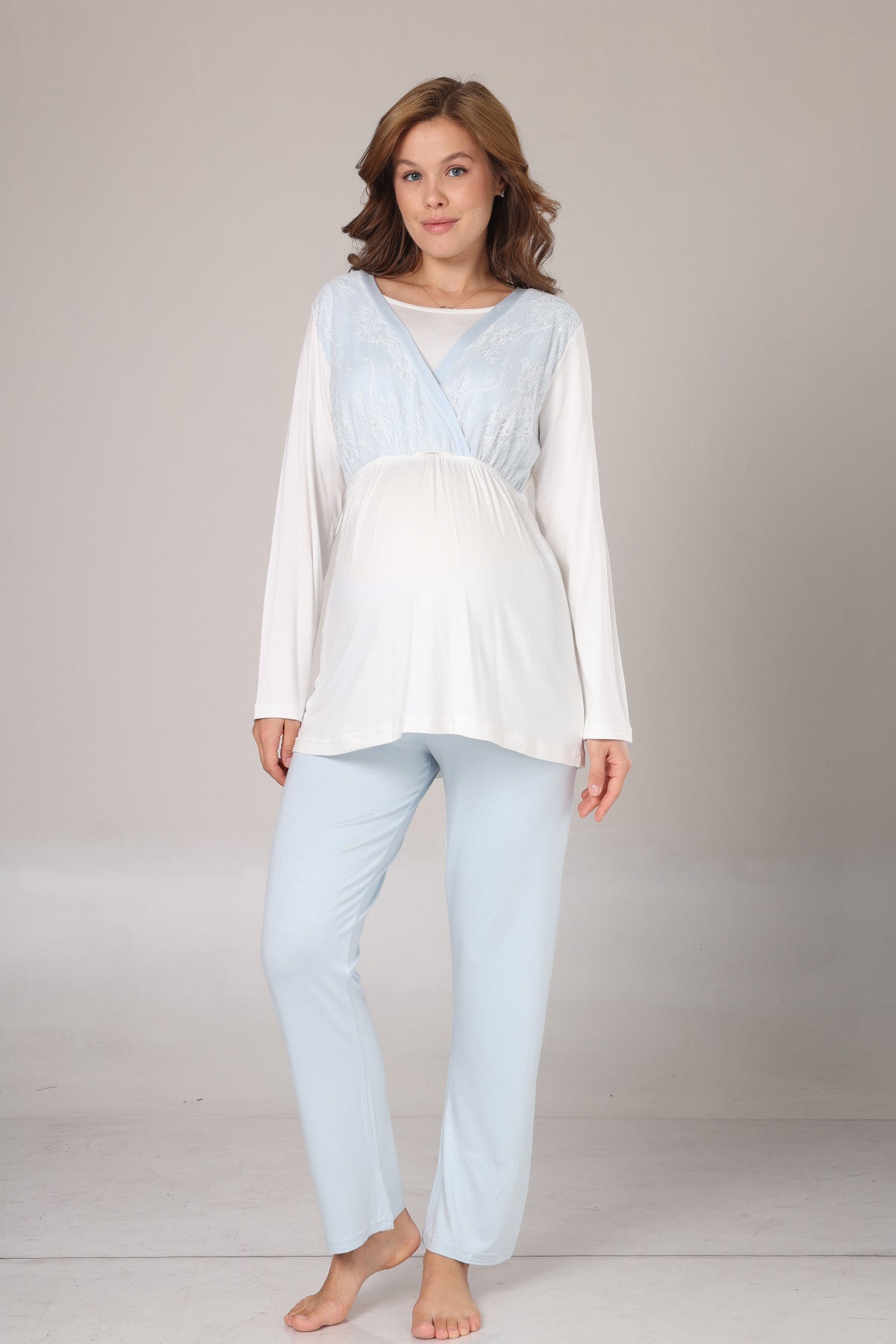 Blue Lacy 3-Piece Maternity-Nursing Pajama & Jacquard Robe Set Blue - 1001