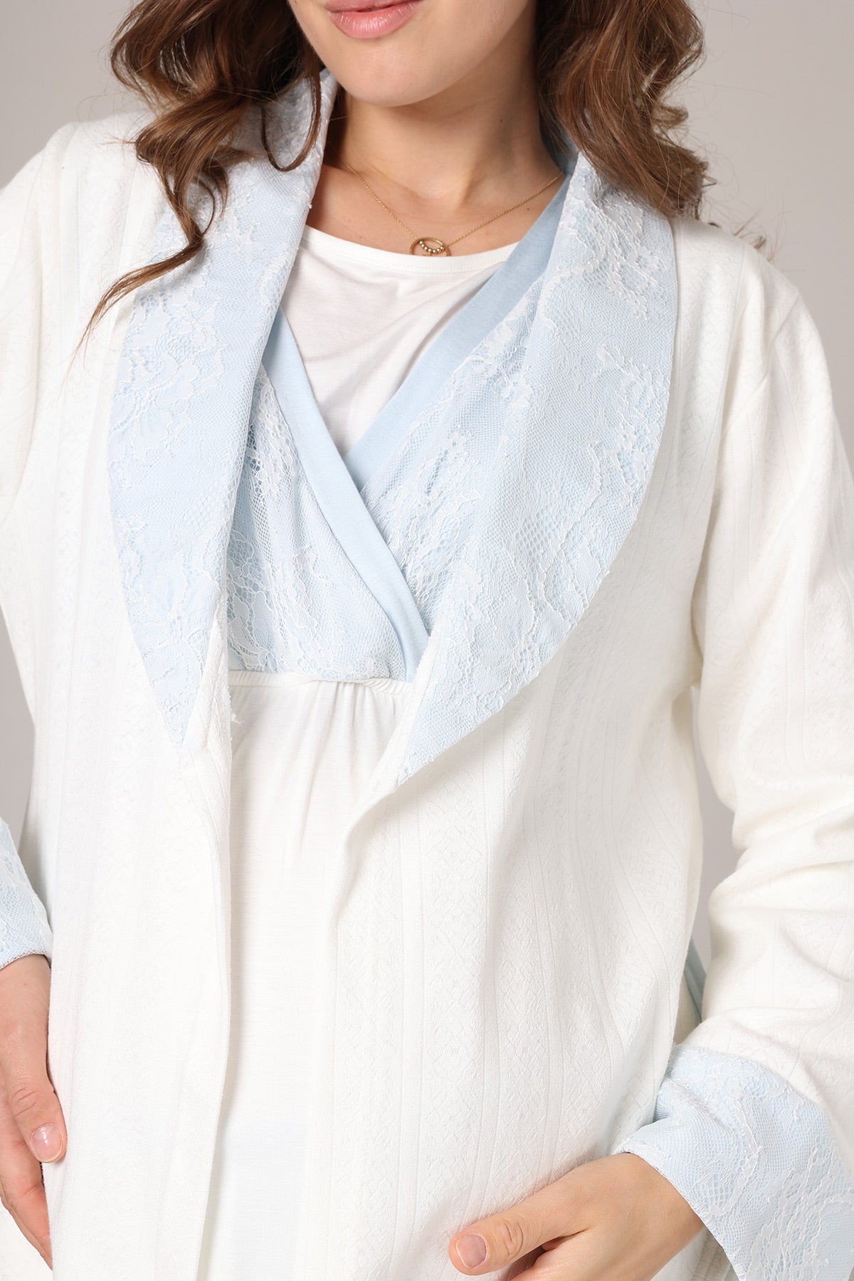 Blue Lacy 3-Piece Maternity-Nursing Pajama & Jacquard Robe Set Blue - 1001