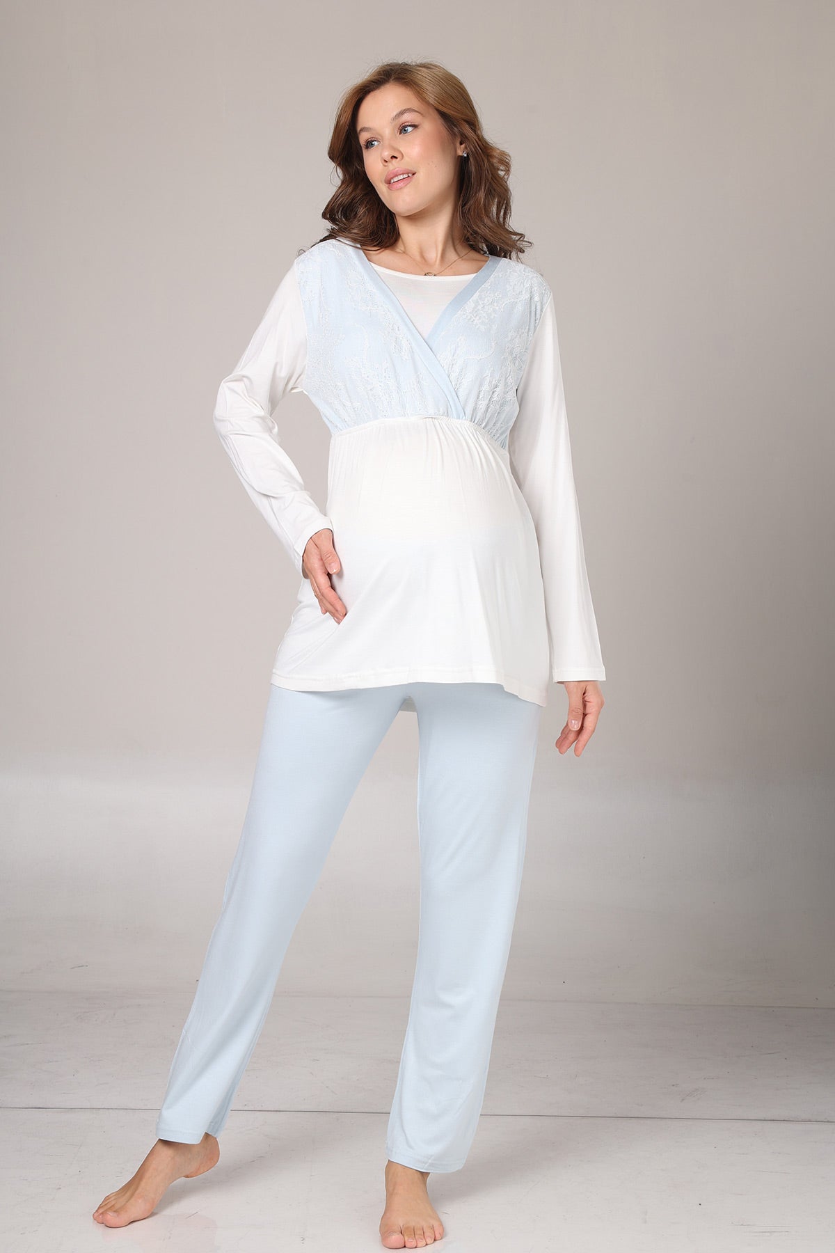 Blue Lacy 3-Piece Maternity-Nursing Pajama & Jacquard Robe Set Blue - 1001