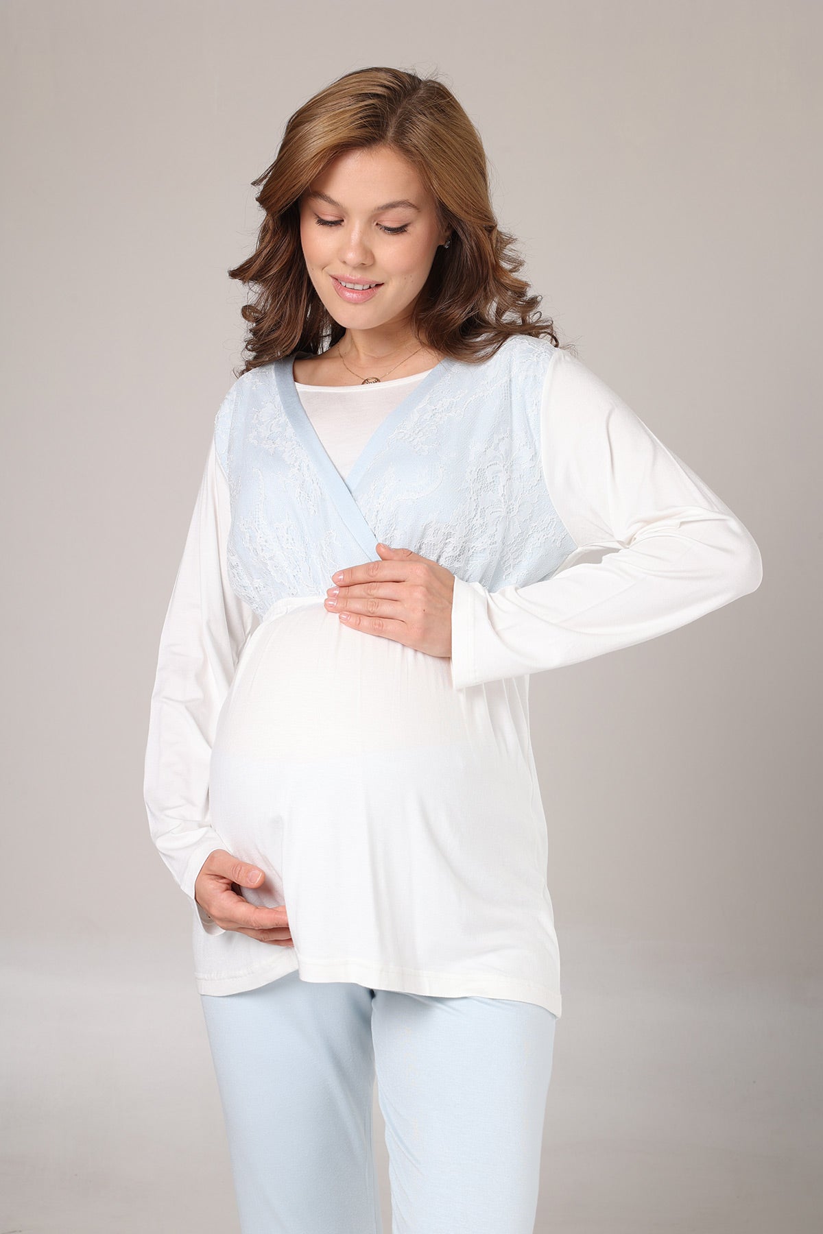 Blue Lacy 3-Piece Maternity-Nursing Pajama & Jacquard Robe Set Blue - 1001
