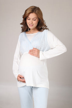 Blue Lacy 3-Piece Maternity-Nursing Pajama & Jacquard Robe Set Blue - 1001