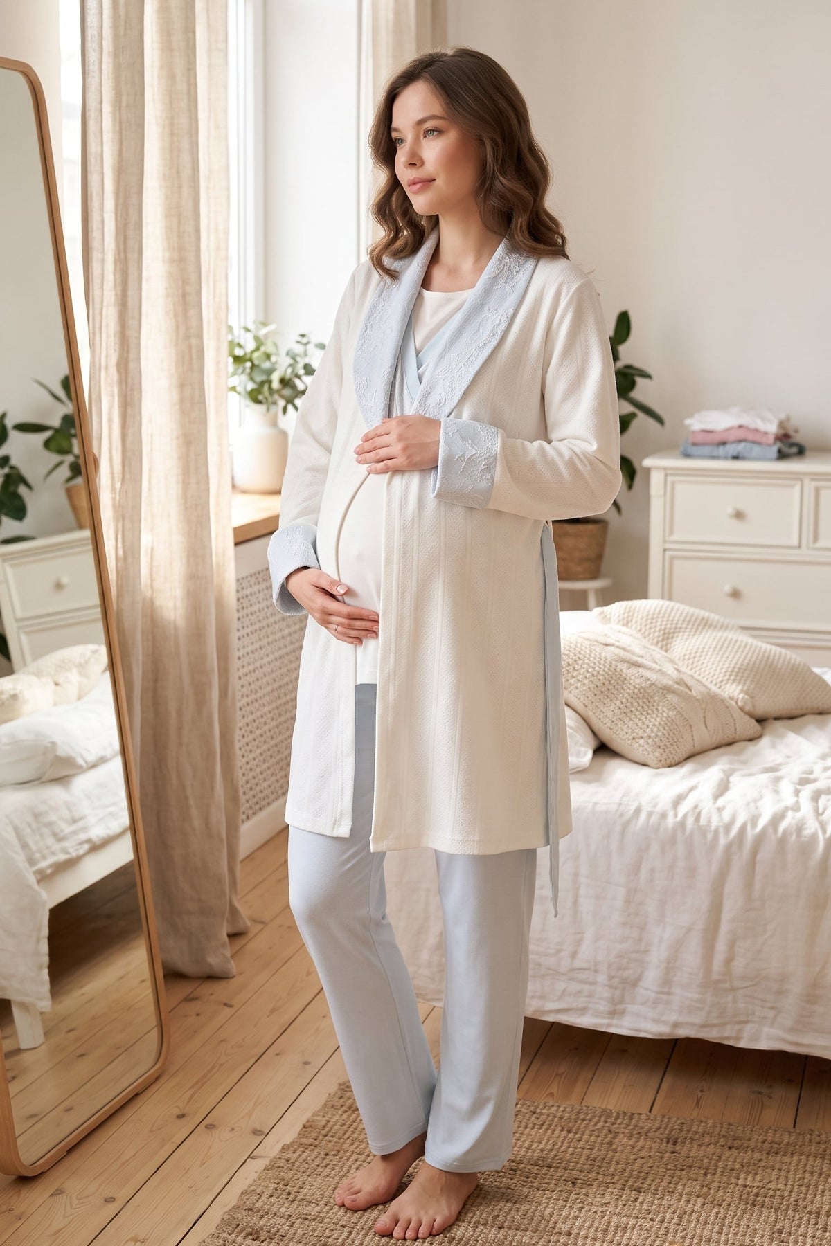 Blue Lacy 3-Piece Maternity Feeding-Friendly Pajama & Jacquard Robe Set Blue - L1001