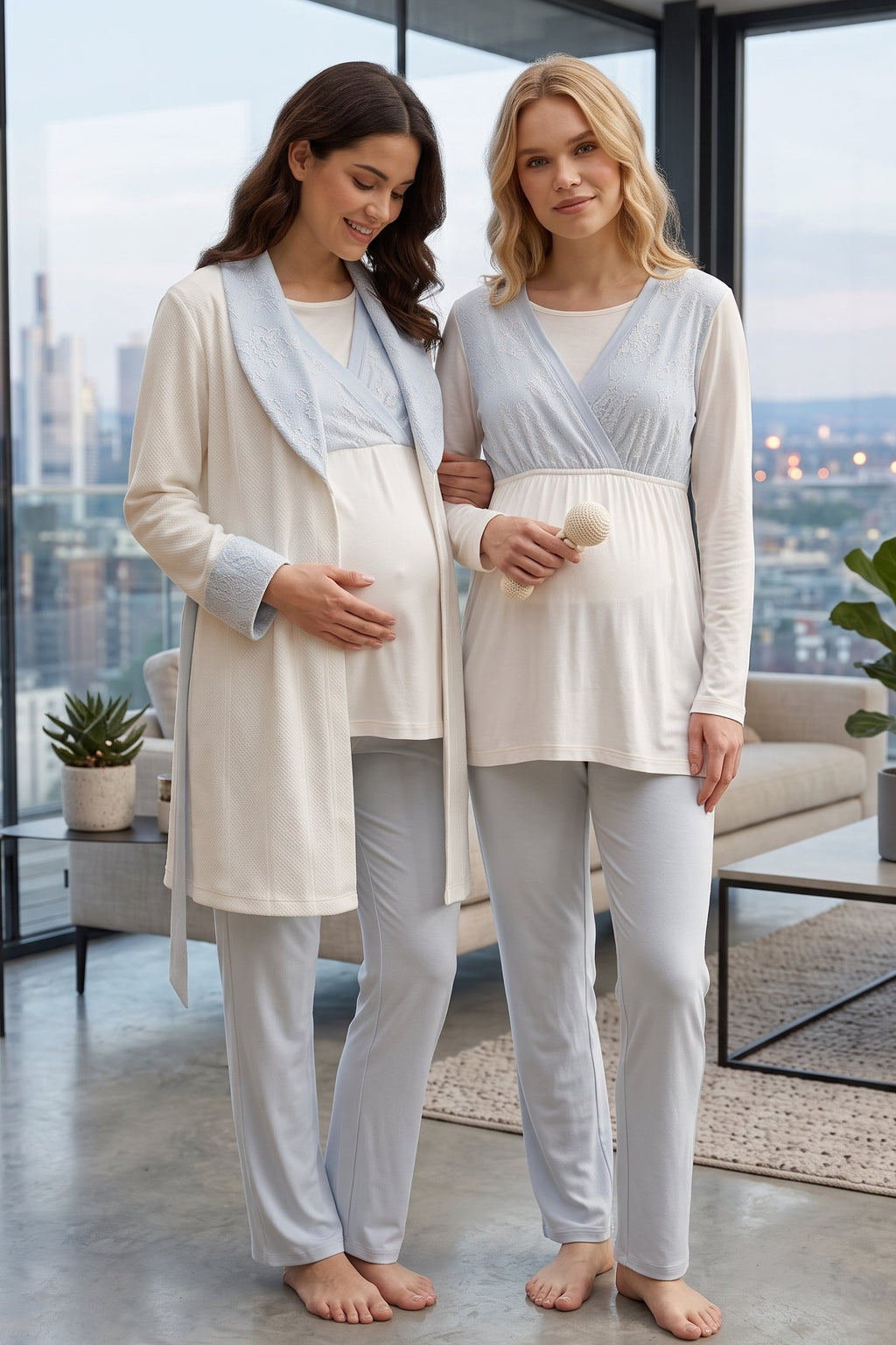 Blue Lacy 3-Piece Maternity Feeding-Friendly Pajama & Jacquard Robe Set Blue - L1001