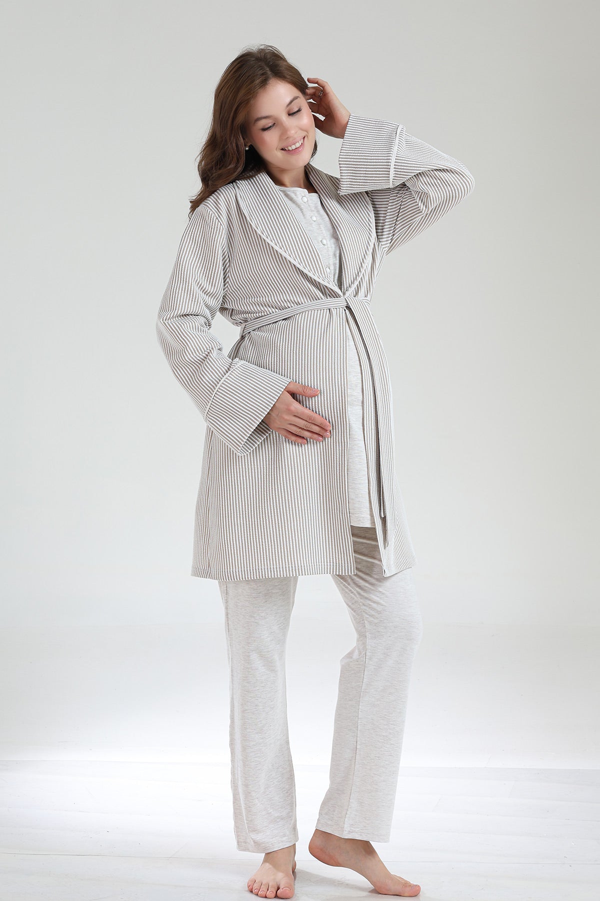 Crew-Neck 3-Piece Maternity-Nursing Pajama & Knitwear Robe Set Beige - 1002