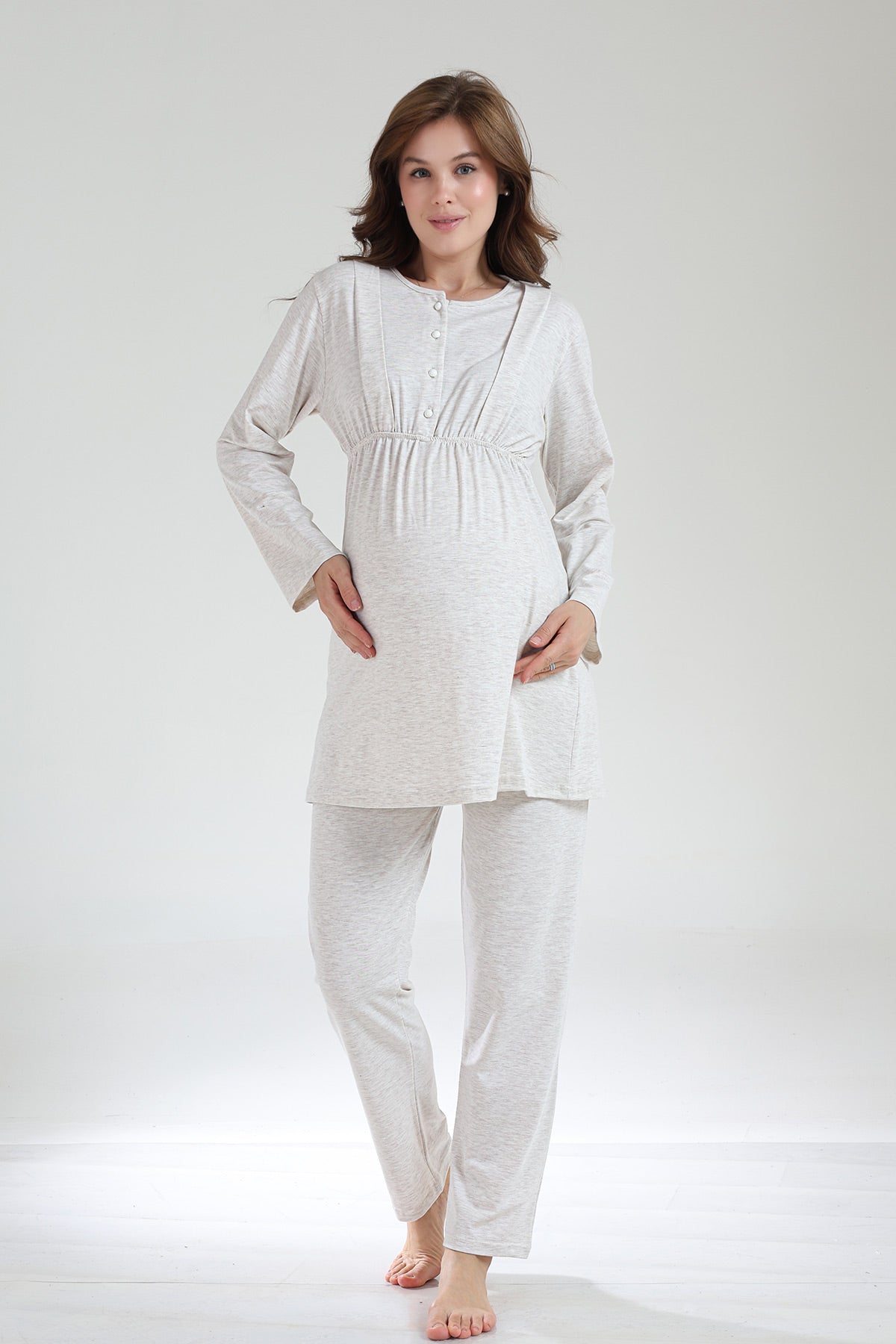 Crew-Neck 3-Piece Maternity-Nursing Pajama & Knitwear Robe Set Beige - 1002