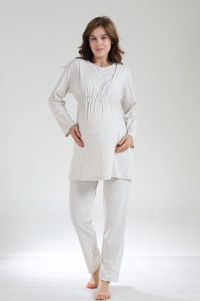 Crew-Neck 3-Piece Maternity-Nursing Pajama & Knitwear Robe Set Beige - 1002