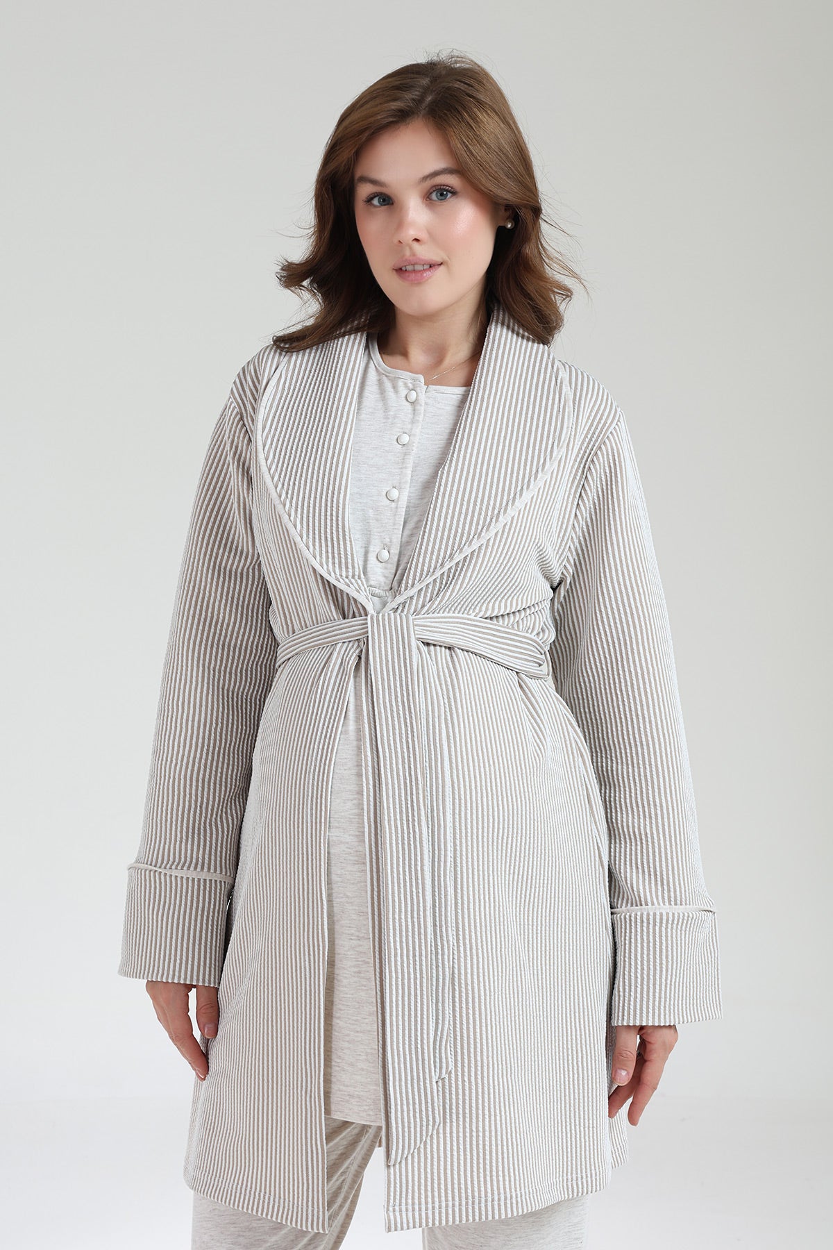 Crew-Neck 3-Piece Maternity-Nursing Pajama & Knitwear Robe Set Beige - 1002